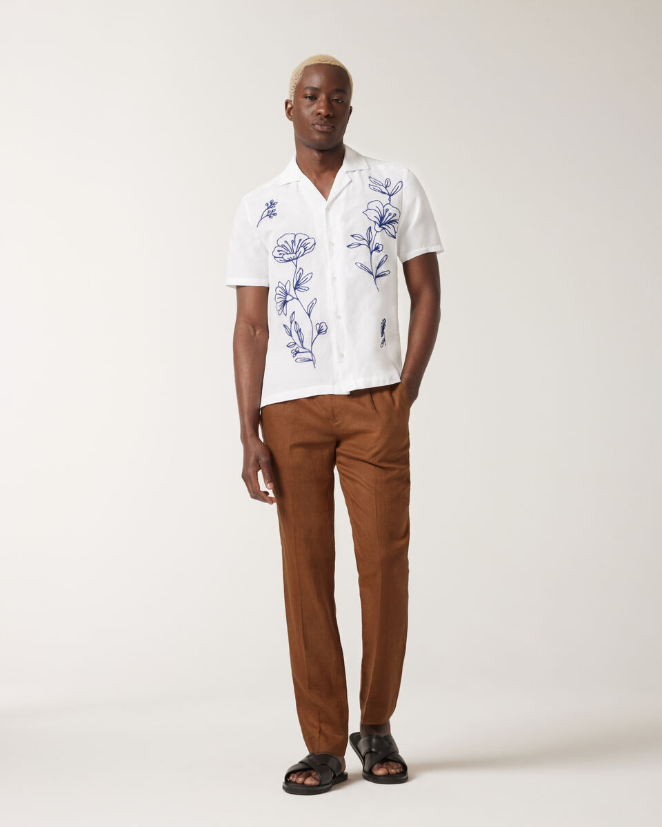 Floral Embroidery Cuban Collar Shirt, White, hi-res